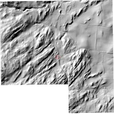 Shaded relief map of the ground around LA116NS, computed from Environment Agency LiDAR. The ground here sits at about 66 m above sea level and falls 139 m across the surrounding 800 m. Surface water reaching this point runs off ground lying to the west-south-west, 90.1 m higher.