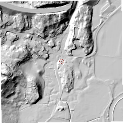 Shaded relief map of the ground around LA116PA, computed from Environment Agency LiDAR. The ground here sits at about 10 m above sea level and falls 65 m across the surrounding 800 m. Surface water reaching this point runs off ground lying to the north-north-west, 47.4 m higher.