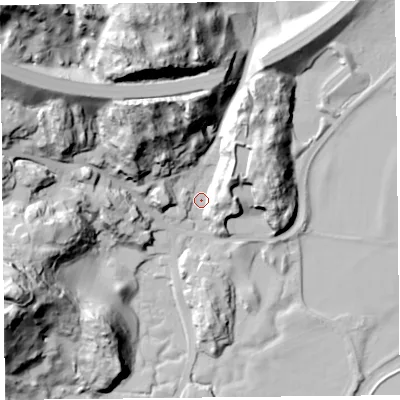 Shaded relief map of the ground around LA116PB, computed from Environment Agency LiDAR. The ground here sits at about 9 m above sea level and falls 84 m across the surrounding 800 m. Surface water reaching this point runs off ground lying to the north-west, 45.6 m higher.