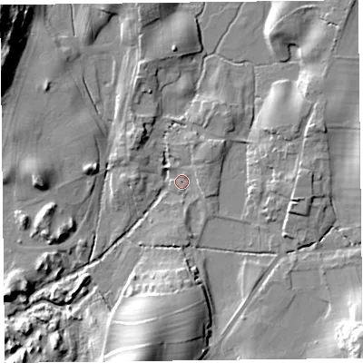 Shaded relief map of the ground around LA116PG, computed from Environment Agency LiDAR. The ground here sits at about 29 m above sea level and falls 24 m across the surrounding 800 m. Surface water reaching this point runs off ground lying to the north-east, 2.8 m higher.