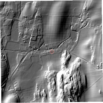 Shaded relief map of the ground around LA116PH, computed from Environment Agency LiDAR. The ground here sits at about 32 m above sea level and falls 41 m across the surrounding 800 m. Surface water reaching this point runs off ground lying to the south-east, 37.7 m higher.