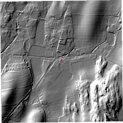 Shaded relief map of the ground around LA116PJ, computed from Environment Agency LiDAR. The ground here sits at about 31 m above sea level and falls 42 m across the surrounding 800 m. Surface water reaching this point runs off ground lying to the south-east, 39.5 m higher.