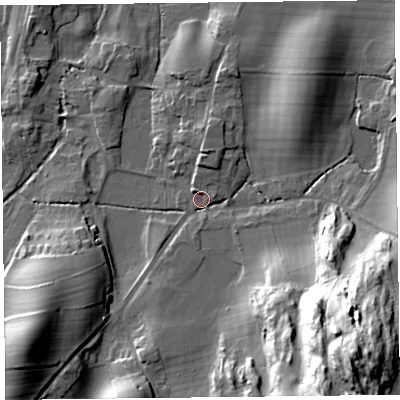 Shaded relief map of the ground around LA116PL, computed from Environment Agency LiDAR. The ground here sits at about 31 m above sea level and falls 42 m across the surrounding 800 m. Surface water reaching this point runs off ground lying to the south-east, 39.5 m higher.