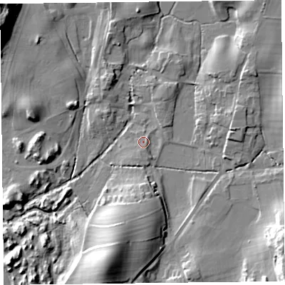 Shaded relief map of the ground around LA116PN, computed from Environment Agency LiDAR. The ground here sits at about 30 m above sea level and falls 22 m across the surrounding 800 m. Surface water reaching this point runs off ground lying to the south-east, 16.3 m higher.