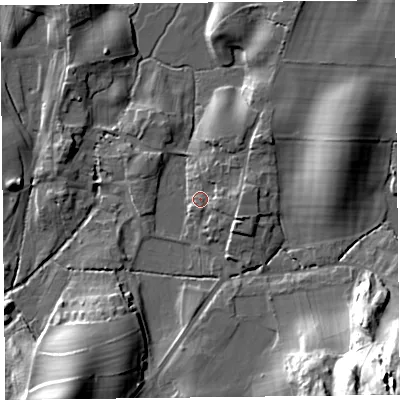 Shaded relief map of the ground around LA116PP, computed from Environment Agency LiDAR. The ground here sits at about 31 m above sea level and falls 35 m across the surrounding 800 m. Surface water reaching this point runs off ground lying to the east, 3.8 m higher.