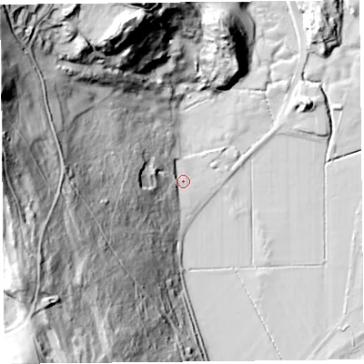 Shaded relief map of the ground around LA116PQ, computed from Environment Agency LiDAR. The ground here sits at about 7 m above sea level and falls 84 m across the surrounding 800 m. Surface water reaching this point runs off ground lying to the west, 77.7 m higher.