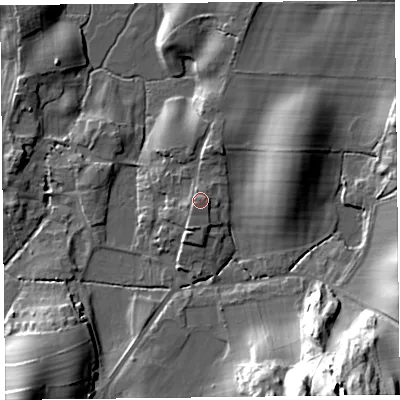 Shaded relief map of the ground around LA116PR, computed from Environment Agency LiDAR. The ground here sits at about 34 m above sea level and falls 34 m across the surrounding 800 m. Surface water reaching this point runs off ground lying to the south-west, 1.3 m higher.