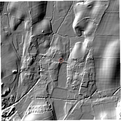 Shaded relief map of the ground around LA116PU, computed from Environment Agency LiDAR. The ground here sits at about 30 m above sea level and falls 20 m across the surrounding 800 m. Surface water reaching this point runs off ground lying to the south-west, 2.8 m higher.