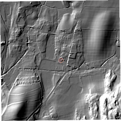 Shaded relief map of the ground around LA116PW, computed from Environment Agency LiDAR. The ground here sits at about 30 m above sea level and falls 42 m across the surrounding 800 m. Surface water reaching this point runs off ground lying to the east-north-east, 4.6 m higher.