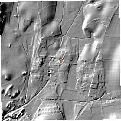 Shaded relief map of the ground around LA116PX, computed from Environment Agency LiDAR. The ground here sits at about 30 m above sea level and falls 17 m across the surrounding 800 m. Surface water reaching this point runs off ground lying to the south-east, 2.0 m higher.