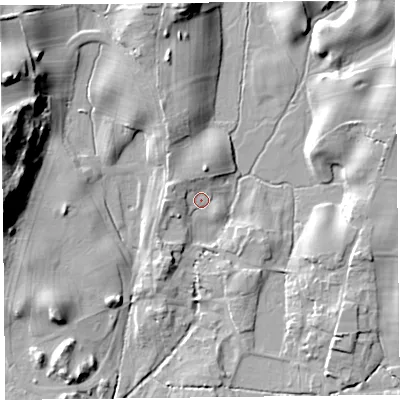 Shaded relief map of the ground around LA116PY, computed from Environment Agency LiDAR. The ground here sits at about 29 m above sea level and falls 26 m across the surrounding 800 m. Surface water reaching this point runs off ground lying to the west-north-west, 3.1 m higher.