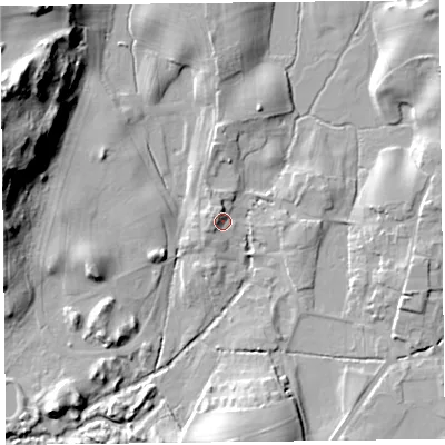 Shaded relief map of the ground around LA116QA, computed from Environment Agency LiDAR. The ground here sits at about 30 m above sea level and falls 34 m across the surrounding 800 m. Surface water reaching this point runs off ground lying to the west-north-west, 3.0 m higher.