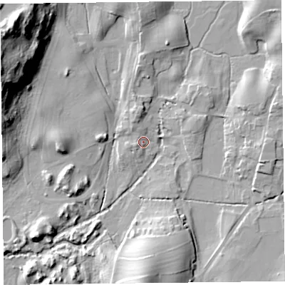 Shaded relief map of the ground around LA116QB, computed from Environment Agency LiDAR. The ground here sits at about 30 m above sea level and falls 35 m across the surrounding 800 m. Surface water reaching this point runs off ground lying to the west-south-west, 2.0 m higher.