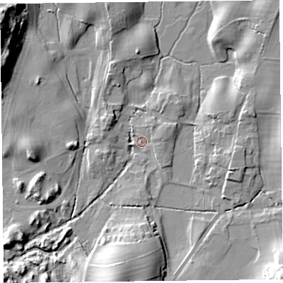 Shaded relief map of the ground around LA116QD, computed from Environment Agency LiDAR. The ground here sits at about 29 m above sea level and falls 25 m across the surrounding 800 m. Surface water reaching this point runs off ground lying to the east-north-east, 2.6 m higher.