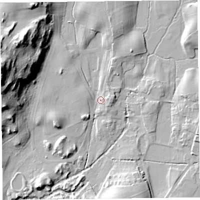 Shaded relief map of the ground around LA116QF, computed from Environment Agency LiDAR. The ground here sits at about 30 m above sea level and falls 40 m across the surrounding 800 m. Surface water reaching this point runs off ground lying to the west-north-west, 32.1 m higher.