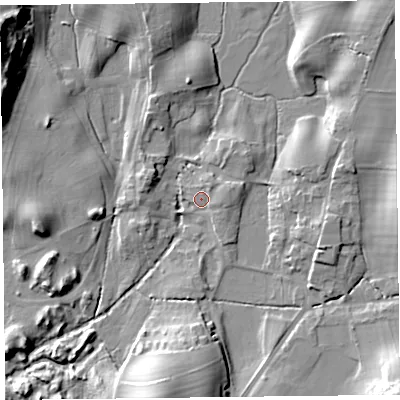 Shaded relief map of the ground around LA116QQ, computed from Environment Agency LiDAR. The ground here sits at about 30 m above sea level and falls 21 m across the surrounding 800 m. Surface water reaching this point runs off ground lying to the east-north-east, 2.2 m higher.