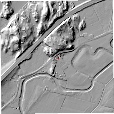 Shaded relief map of the ground around LA116QR, computed from Environment Agency LiDAR. The ground here sits at about 9 m above sea level and falls 26 m across the surrounding 800 m. Surface water reaching this point runs off ground lying to the north-west, 12.6 m higher.