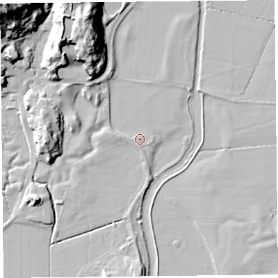 Shaded relief map of the ground around LA116QS, computed from Environment Agency LiDAR. The ground here sits at about 6 m above sea level and falls 42 m across the surrounding 800 m. Surface water reaching this point runs off ground lying to the west-south-west, 0.6 m higher.