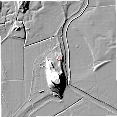 Shaded relief map of the ground around LA116QT, computed from Environment Agency LiDAR. The ground here sits at about 9 m above sea level and falls 39 m across the surrounding 800 m. Surface water reaching this point runs off ground lying to the south, 30.5 m higher.