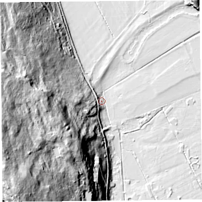 Shaded relief map of the ground around LA116QU, computed from Environment Agency LiDAR. The ground here sits at about 5 m above sea level and falls 91 m across the surrounding 800 m. Surface water reaching this point runs off ground lying to the north-east, 15.3 m higher.