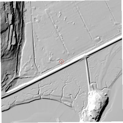 Shaded relief map of the ground around LA116QX, computed from Environment Agency LiDAR. The ground here sits at about 4 m above sea level and falls 50 m across the surrounding 800 m. Surface water reaching this point runs off ground lying to the east-north-east, 5.8 m higher.
