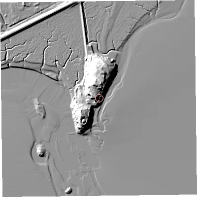 Shaded relief map of the ground around LA116QY, computed from Environment Agency LiDAR. The ground here sits at about 16 m above sea level and falls 22 m across the surrounding 800 m. Surface water reaching this point runs off ground lying to the north-north-east, 20.5 m higher.