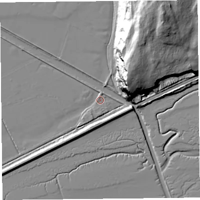 Shaded relief map of the ground around LA116QZ, computed from Environment Agency LiDAR. The ground here sits at about 4 m above sea level and falls 52 m across the surrounding 800 m. Surface water reaching this point runs off ground lying to the south, 6.4 m higher.