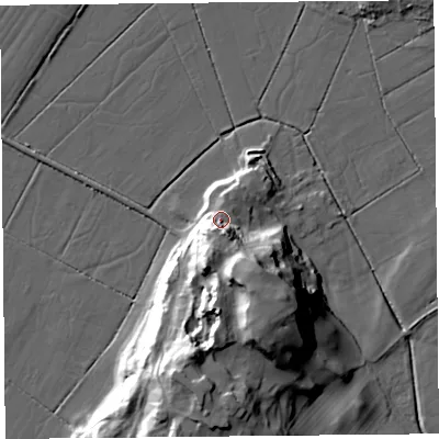 Shaded relief map of the ground around LA116RE, computed from Environment Agency LiDAR. The ground here sits at about 13 m above sea level and falls 29 m across the surrounding 800 m. Surface water reaching this point runs off ground lying to the south-south-east, 11.5 m higher.