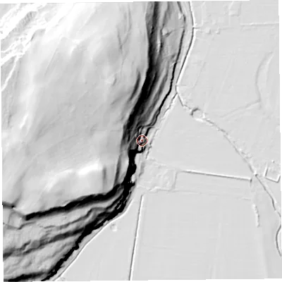 Shaded relief map of the ground around LA116RF, computed from Environment Agency LiDAR. The ground here sits at about 12 m above sea level and falls 56 m across the surrounding 800 m. Surface water reaching this point runs off ground lying to the west-north-west, 51.1 m higher.