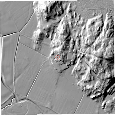 Shaded relief map of the ground around LA116RG, computed from Environment Agency LiDAR. The ground here sits at about 12 m above sea level and falls 35 m across the surrounding 800 m. Surface water reaching this point runs off ground lying to the north-north-east, 10.0 m higher.