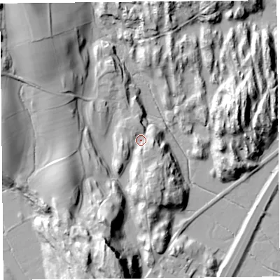 Shaded relief map of the ground around LA116RL, computed from Environment Agency LiDAR. The ground here sits at about 15 m above sea level and falls 38 m across the surrounding 800 m. Surface water reaching this point runs off ground lying to the east-south-east, 5.6 m higher.