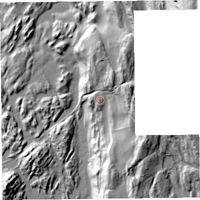 Shaded relief map of the ground around LA116RX, computed from Environment Agency LiDAR. The ground here sits at about 25 m above sea level and falls 103 m across the surrounding 800 m. Surface water reaching this point runs off ground lying to the east-north-east, 17.1 m higher.