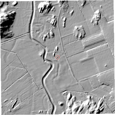 Shaded relief map of the ground around LA116RY, computed from Environment Agency LiDAR. The ground here sits at about 5 m above sea level and falls 28 m across the surrounding 800 m. Surface water reaching this point runs off ground lying to the south-east, 13.8 m higher.