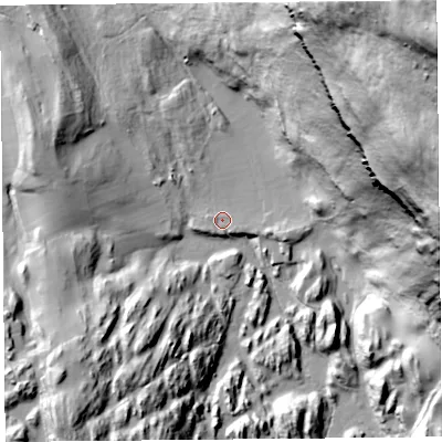 Shaded relief map of the ground around LA116SH, computed from Environment Agency LiDAR. The ground here sits at about 24 m above sea level and falls 175 m across the surrounding 800 m. Surface water reaching this point runs off ground lying to the north-east, 162.9 m higher.