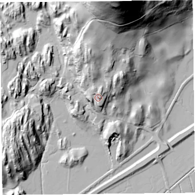 Shaded relief map of the ground around LA116SQ, computed from Environment Agency LiDAR. The ground here sits at about 27 m above sea level and falls 111 m across the surrounding 800 m. Surface water reaching this point runs off ground lying to the north-north-east, 90.4 m higher.