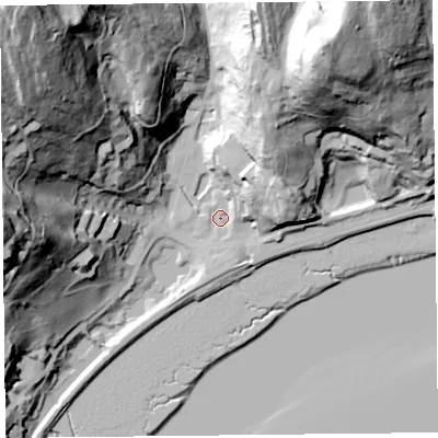 Shaded relief map of the ground around LA116SX, computed from Environment Agency LiDAR. The ground here sits at about 7 m above sea level and falls 99 m across the surrounding 800 m. Surface water reaching this point runs off ground lying to the north-east, 28.6 m higher.