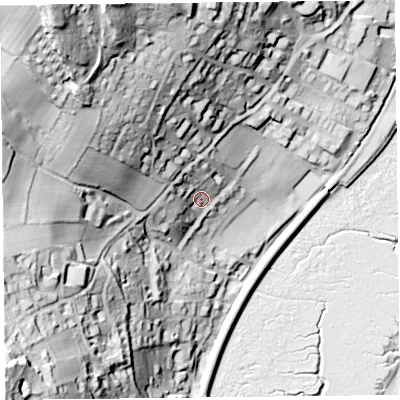 Shaded relief map of the ground around LA117AA, computed from Environment Agency LiDAR. The ground here sits at about 20 m above sea level and falls 84 m across the surrounding 800 m. Surface water reaching this point runs off ground lying to the north-west, 49.9 m higher.