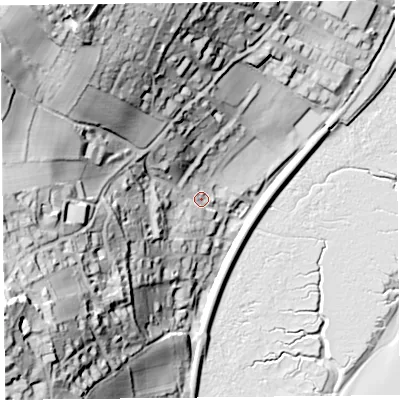 Shaded relief map of the ground around LA117AB, computed from Environment Agency LiDAR. The ground here sits at about 13 m above sea level and falls 71 m across the surrounding 800 m. Surface water reaching this point runs off ground lying to the north-west, 63.4 m higher.