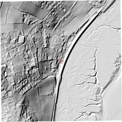 Shaded relief map of the ground around LA117AF, computed from Environment Agency LiDAR. The ground here sits at about 6 m above sea level and falls 67 m across the surrounding 800 m. Surface water reaching this point runs off ground lying to the west, 64.8 m higher.