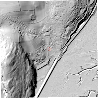 Shaded relief map of the ground around LA117BG, computed from Environment Agency LiDAR. The ground here sits at about 13 m above sea level and falls 78 m across the surrounding 800 m. Surface water reaching this point runs off ground lying to the west, 68.7 m higher.