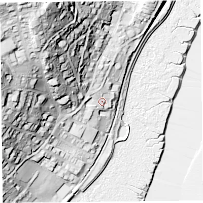 Shaded relief map of the ground around LA117DG, computed from Environment Agency LiDAR. The ground here sits at about 17 m above sea level and falls 78 m across the surrounding 800 m. Surface water reaching this point runs off ground lying to the north-west, 61.7 m higher.