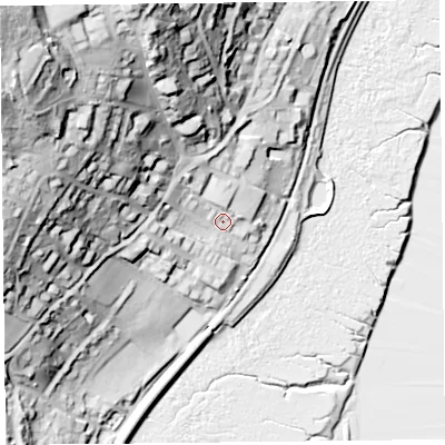 Shaded relief map of the ground around LA117DR, computed from Environment Agency LiDAR. The ground here sits at about 16 m above sea level and falls 80 m across the surrounding 800 m. Surface water reaching this point runs off ground lying to the north-west, 27.2 m higher.