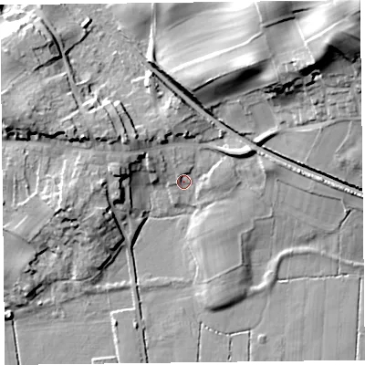 Shaded relief map of the ground around LA117HY, computed from Environment Agency LiDAR. The ground here sits at about 8 m above sea level and falls 41 m across the surrounding 800 m. Surface water reaching this point runs off ground lying to the north-west, 9.2 m higher.