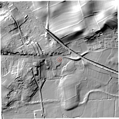 Shaded relief map of the ground around LA117JS, computed from Environment Agency LiDAR. The ground here sits at about 9 m above sea level and falls 46 m across the surrounding 800 m. Surface water reaching this point runs off ground lying to the west-north-west, 7.9 m higher.