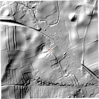 Shaded relief map of the ground around LA117JZ, computed from Environment Agency LiDAR. The ground here sits at about 12 m above sea level and falls 34 m across the surrounding 800 m. Surface water reaching this point runs off ground lying to the south-south-west, 8.4 m higher.