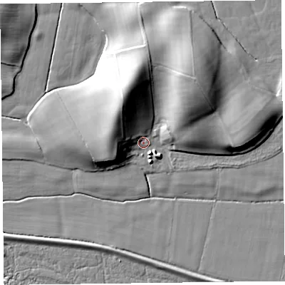 Shaded relief map of the ground around LA117LL, computed from Environment Agency LiDAR. The ground here sits at about 7 m above sea level and falls 17 m across the surrounding 800 m. Surface water reaching this point runs off ground lying to the west-north-west, 11.2 m higher.