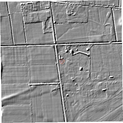 Shaded relief map of the ground around LA117LS, computed from Environment Agency LiDAR. The ground here sits at about 6 m above sea level and falls 5 m across the surrounding 800 m. Surface water reaching this point runs off ground lying to the north-north-east, 3.4 m higher.