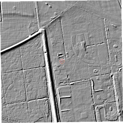 Shaded relief map of the ground around LA117LT, computed from Environment Agency LiDAR. The ground here sits at about 5 m above sea level and falls 5 m across the surrounding 800 m. Surface water reaching this point runs off ground lying to the north-east, 1.1 m higher.