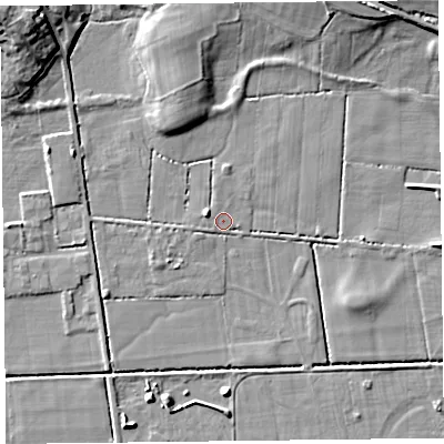 Shaded relief map of the ground around LA117LU, computed from Environment Agency LiDAR. The ground here sits at about 6 m above sea level and falls 11 m across the surrounding 800 m. The ground contributing surface water to this point lies to the north.