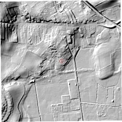 Shaded relief map of the ground around LA117LW, computed from Environment Agency LiDAR. The ground here sits at about 11 m above sea level and falls 25 m across the surrounding 800 m. Surface water reaching this point runs off ground lying to the north, 3.5 m higher.